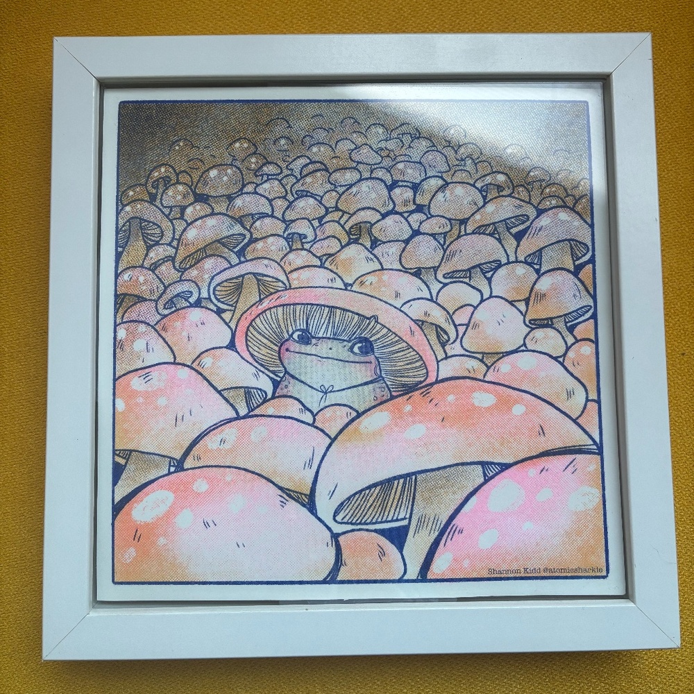 Framed pink and white mushroom risograph print
